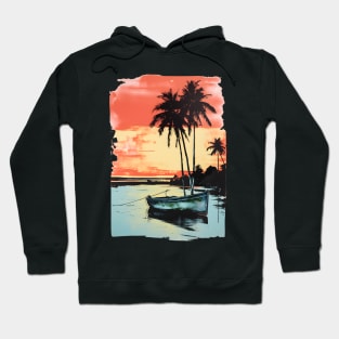 Palm Trees Sunset Tropical Beach Boat Seascape Graphic Hoodie